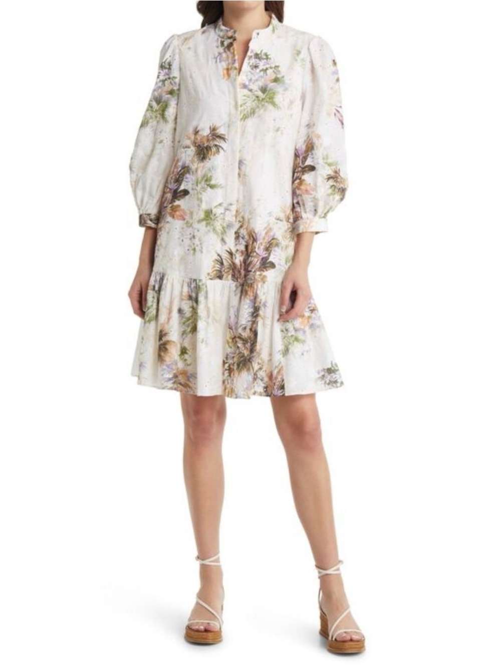 Kobi Halperin Floral Puff-Sleeve Tiered Mini Dress Size Large Eyelet Embroidered